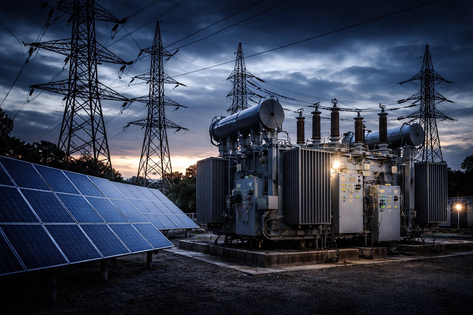Industrial power substation with solar panels and electrical transmission towers at dusk, dark cloudy sky overhead